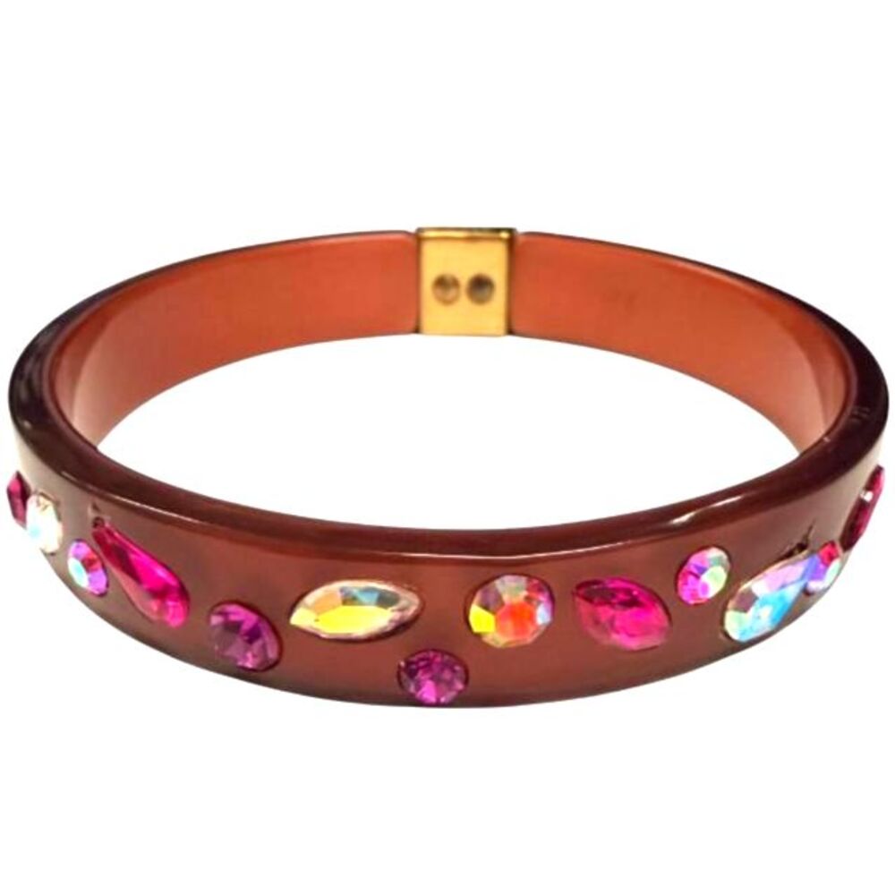 J. Crew Archive Statement Bangle Brown Lucite Pink Aurora Borealis Crystal Cuff